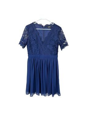 Lulus Angel in Disguise Navy Blue Lace Skater Dress L Fit Flare Cocktail Party